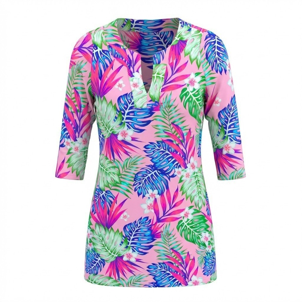 Caribbean Joe Pink Tropical Floral Tunic Top 3/4 Sleeve Split Neck Medium